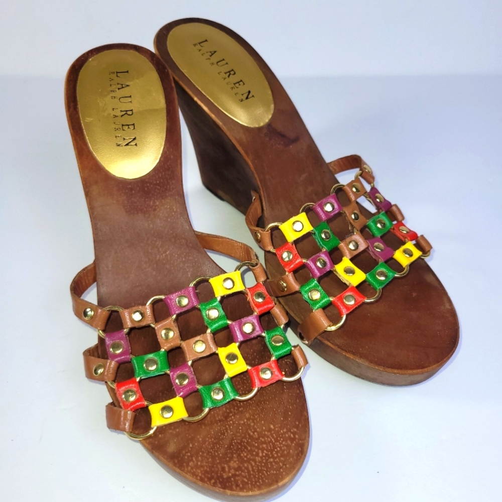 Ralph Lauren Wood Sandal Multi color leather metal Strap
